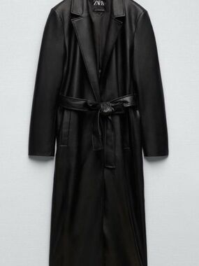 ZARA Black Faux-Leather Belted Long Coat